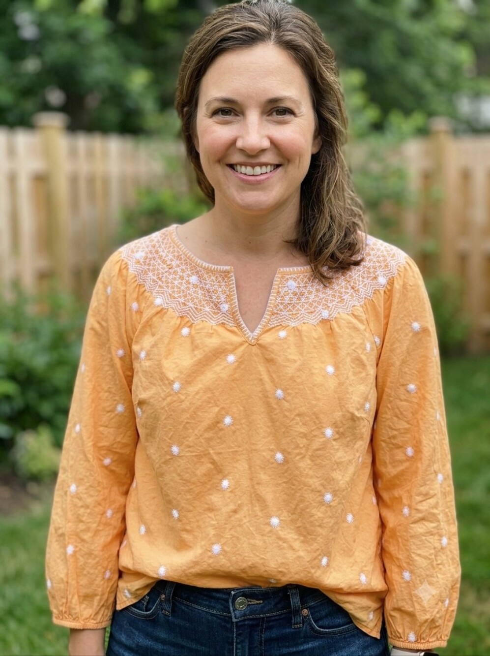 Talbots Orange Embroidered Smocked Boho Blouse Top Size L